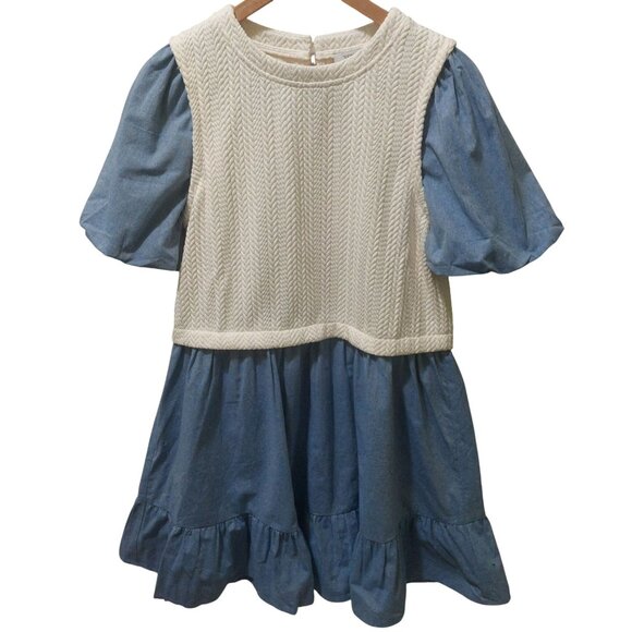 NWT Voy Womens Blue & White Two-Tone Dress W/ Knit Textured Top & Puff Sleeves~S - Picture 4 of 8
